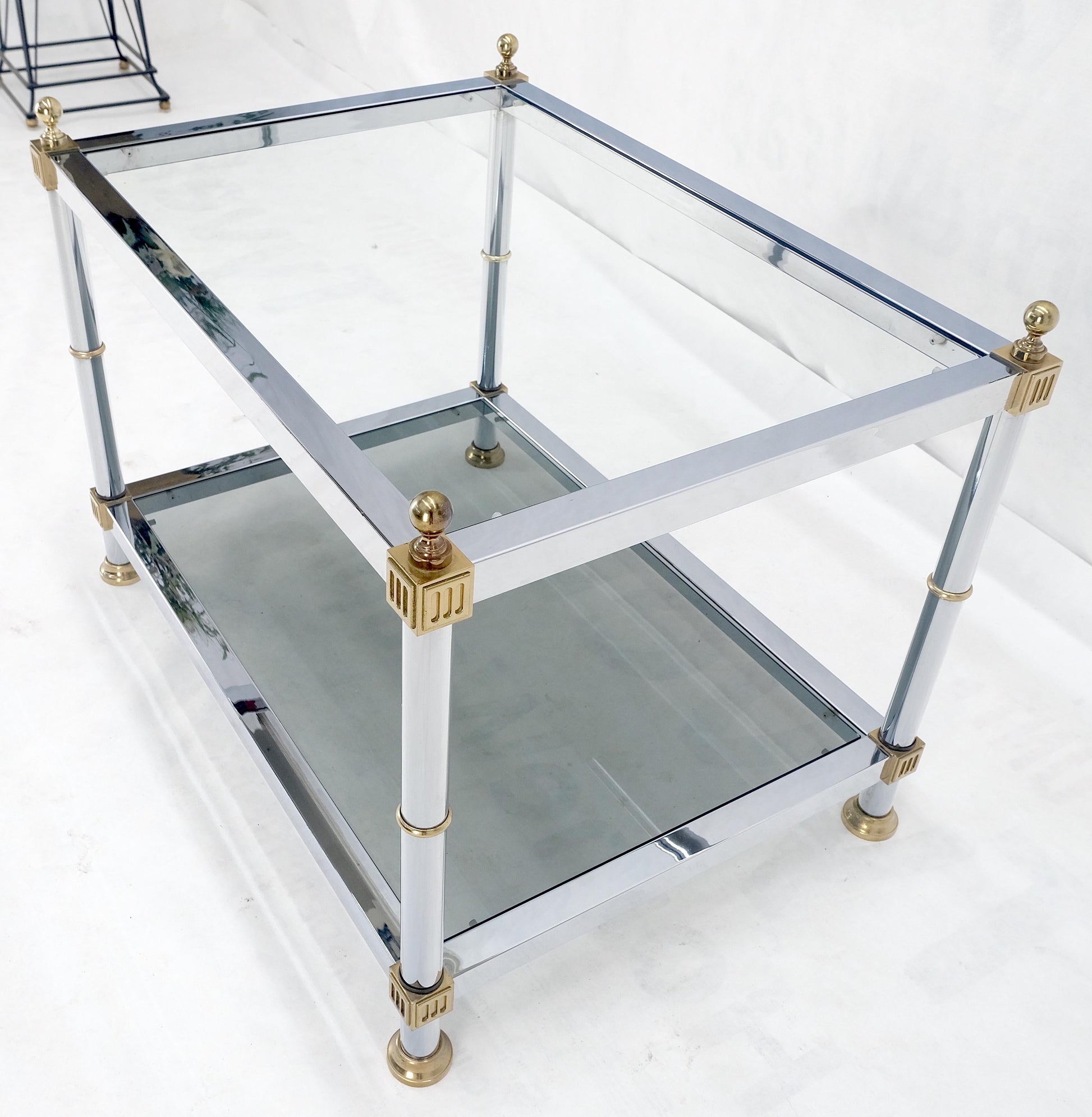 EstablishedLines Chrome Brass Smoked Glass Rectangle Side End Occasional Table Ball Finials MINT!