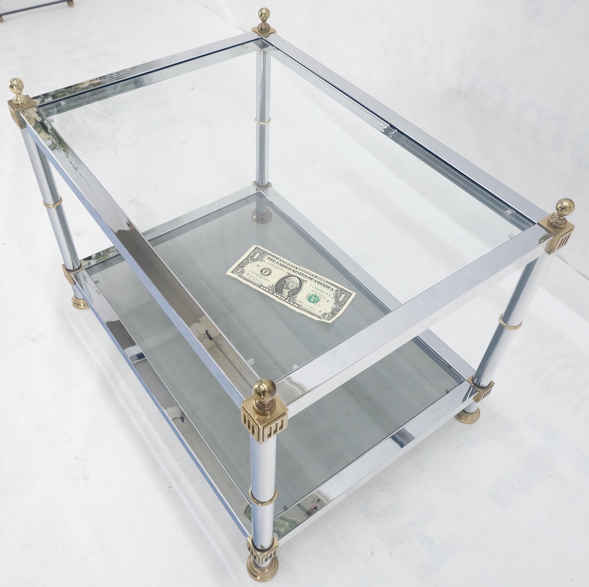 EstablishedLines Chrome Brass Smoked Glass Rectangle Side End Occasional Table Ball Finials MINT!