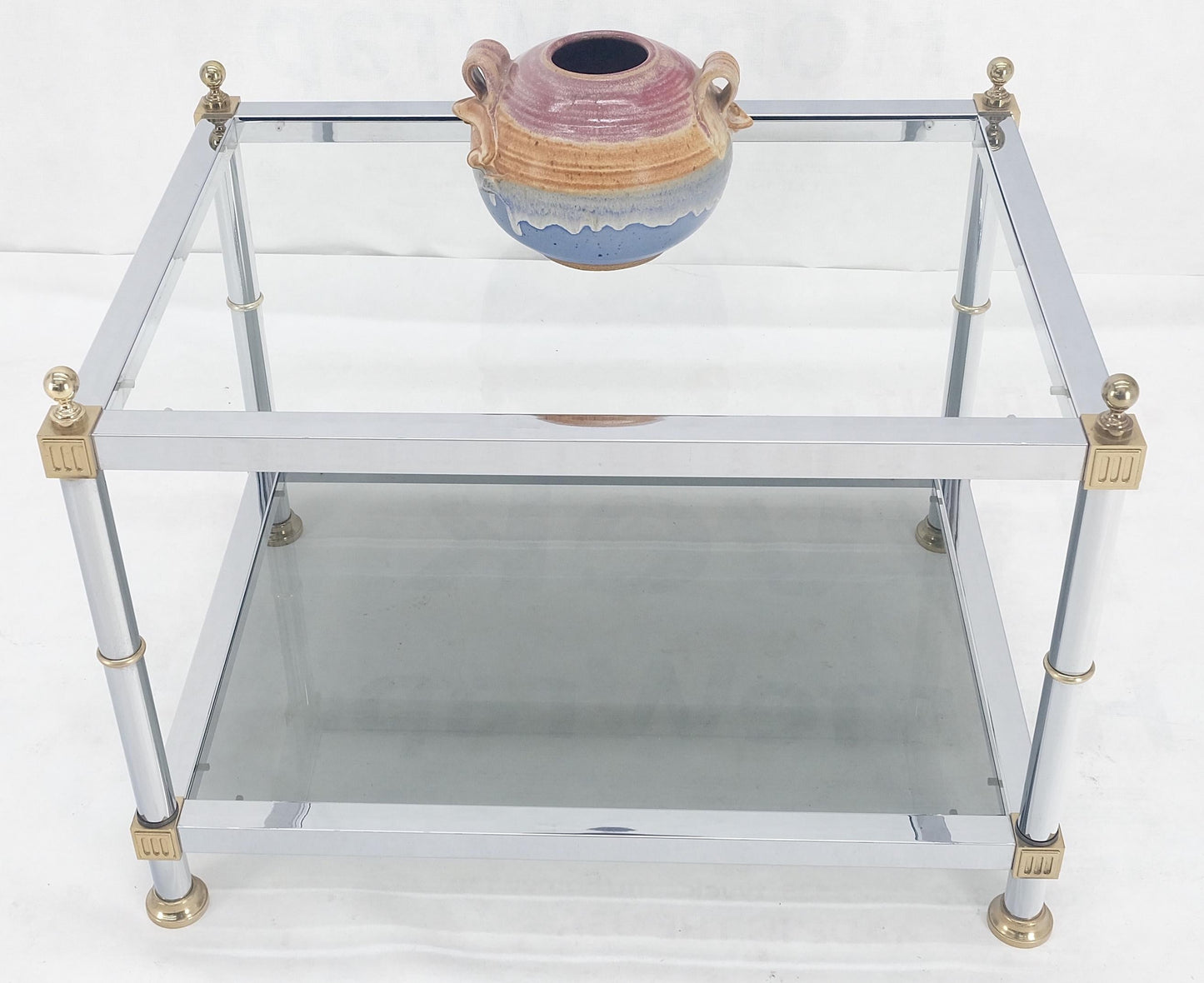 EstablishedLines Chrome Brass Smoked Glass Rectangle Side End Occasional Table Ball Finials MINT!