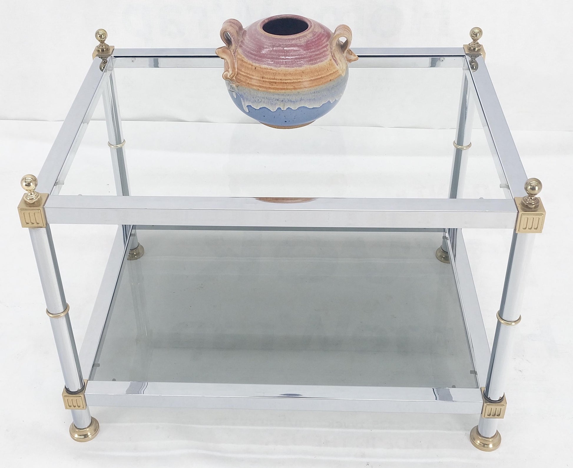 EstablishedLines Chrome Brass Smoked Glass Rectangle Side End Occasional Table Ball Finials MINT!