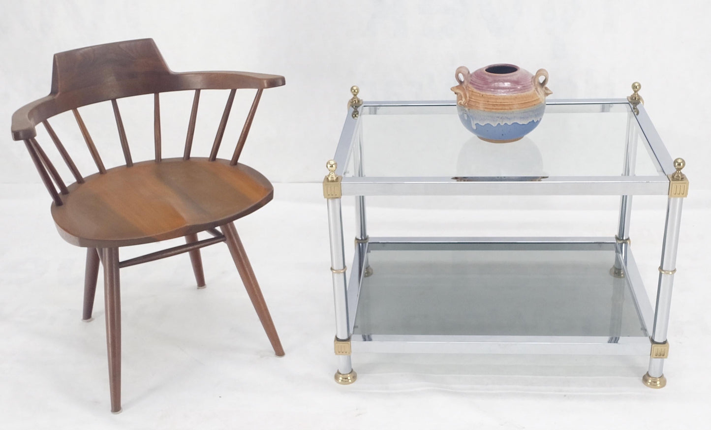 EstablishedLines Chrome Brass Smoked Glass Rectangle Side End Occasional Table Ball Finials MINT!