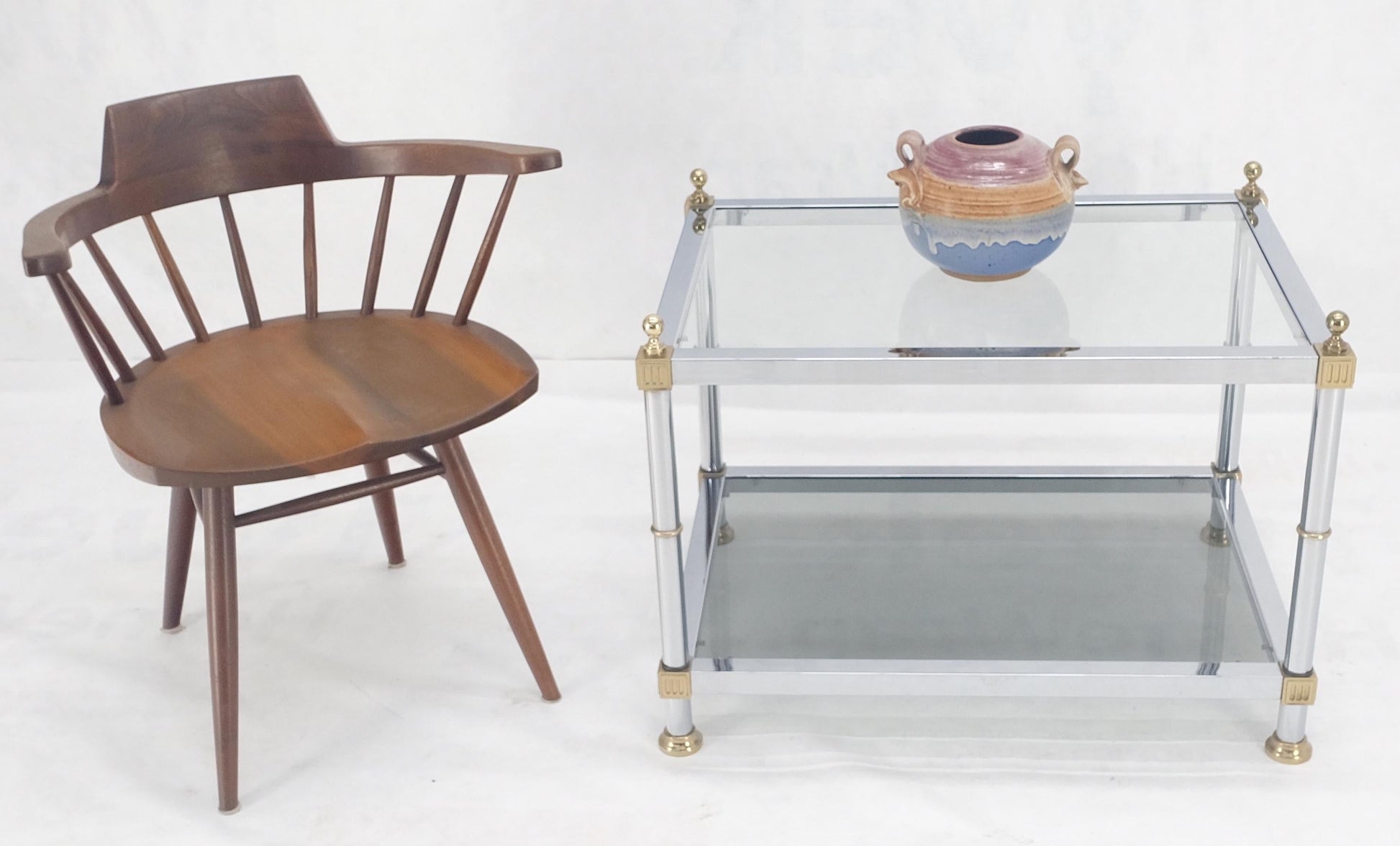 EstablishedLines Chrome Brass Smoked Glass Rectangle Side End Occasional Table Ball Finials MINT!