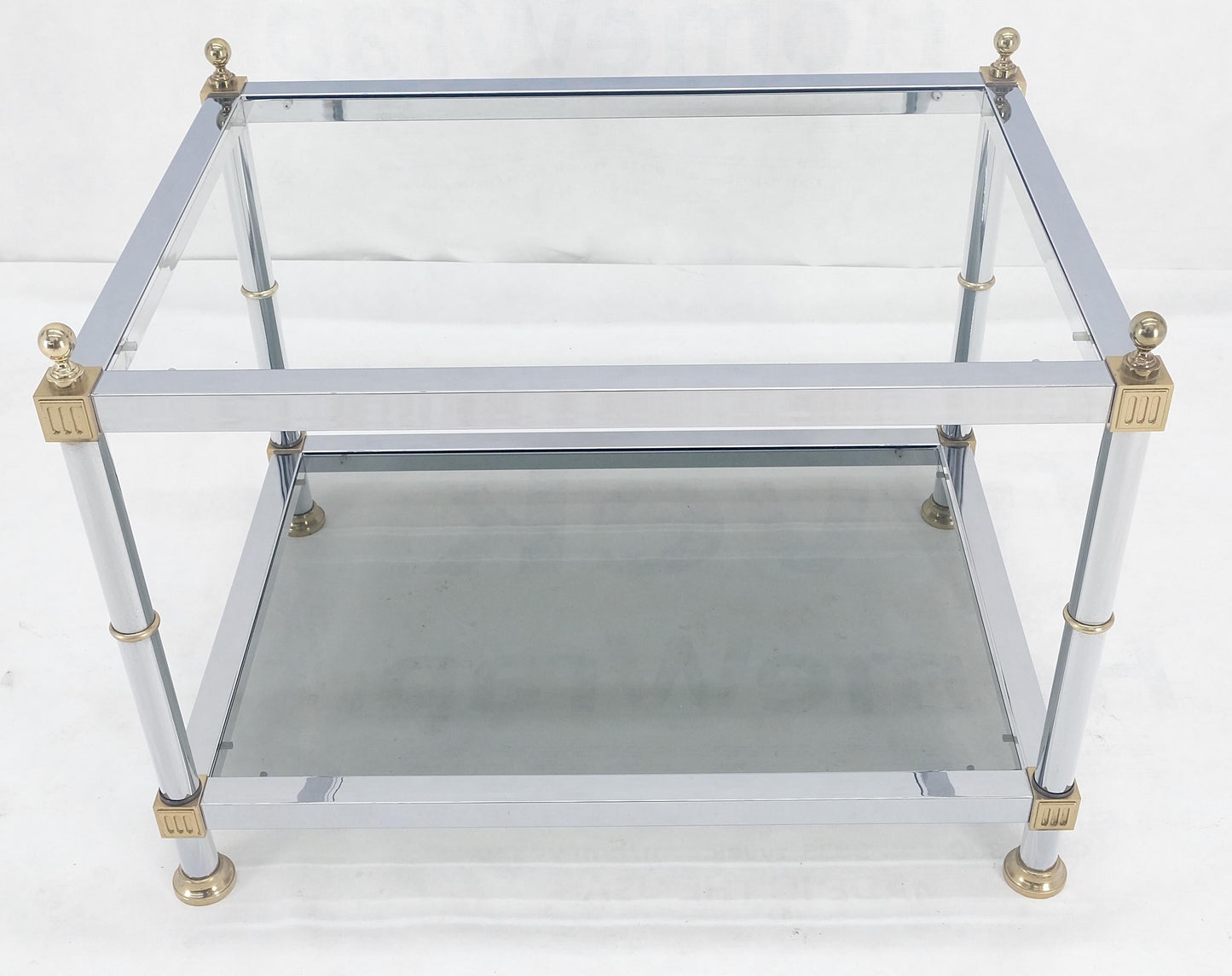 EstablishedLines Chrome Brass Smoked Glass Rectangle Side End Occasional Table Ball Finials MINT!
