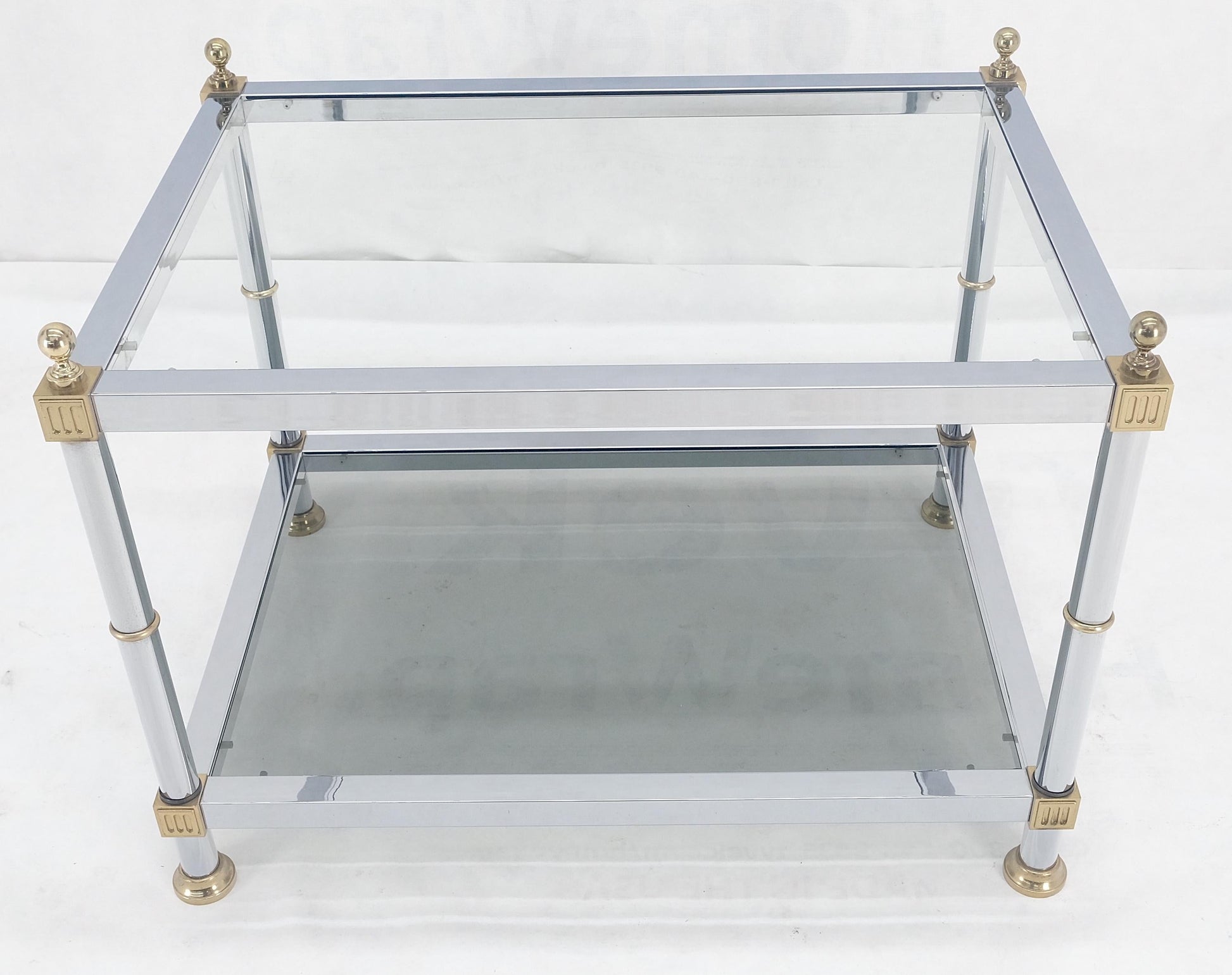 EstablishedLines Chrome Brass Smoked Glass Rectangle Side End Occasional Table Ball Finials MINT!