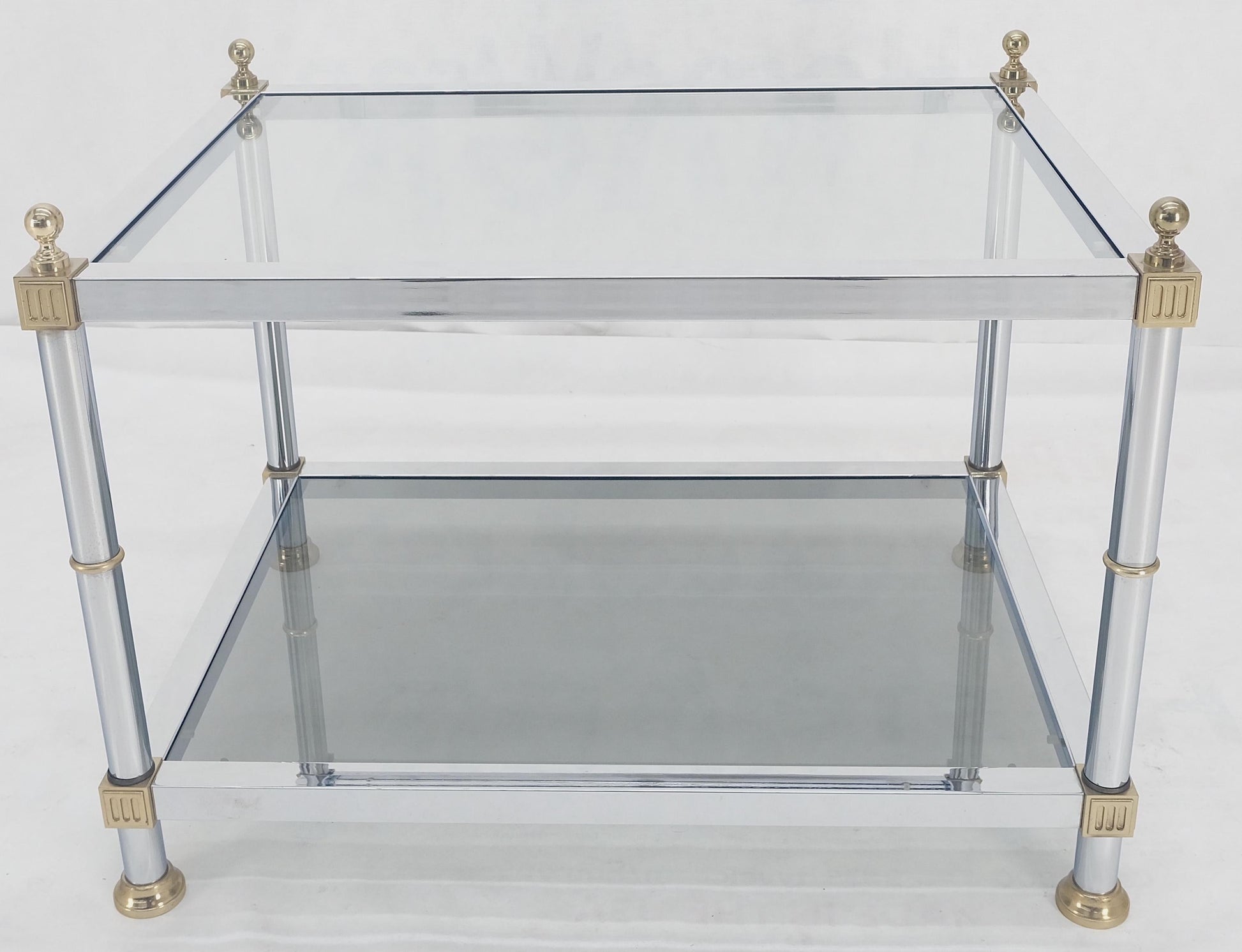 EstablishedLines Chrome Brass Smoked Glass Rectangle Side End Occasional Table Ball Finials MINT!