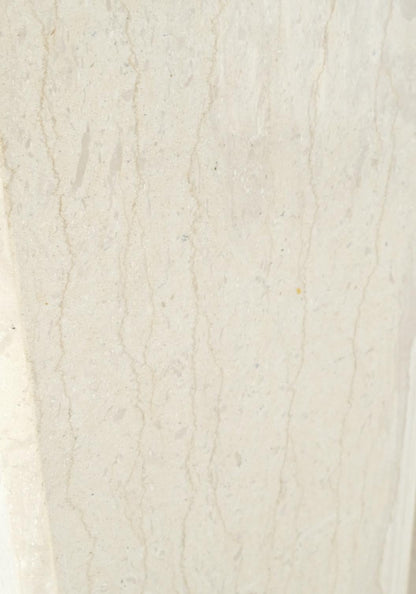 EstablishedLines Mid-Century Modern Square Beveled Tall Travertine Marble Pedestals End Tables