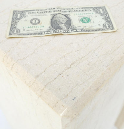 EstablishedLines Mid-Century Modern Square Beveled Tall Travertine Marble Pedestals End Tables