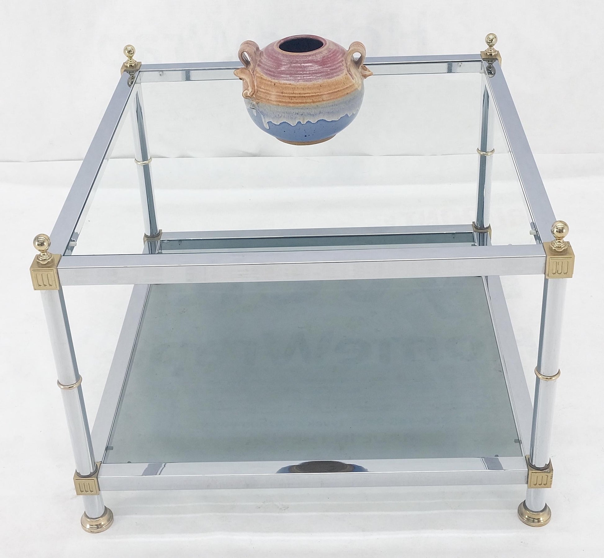 EstablishedLines Italian MCM Chrome Brass Smoked Glass 30" Square Side End Lamp Table Stand MINT!