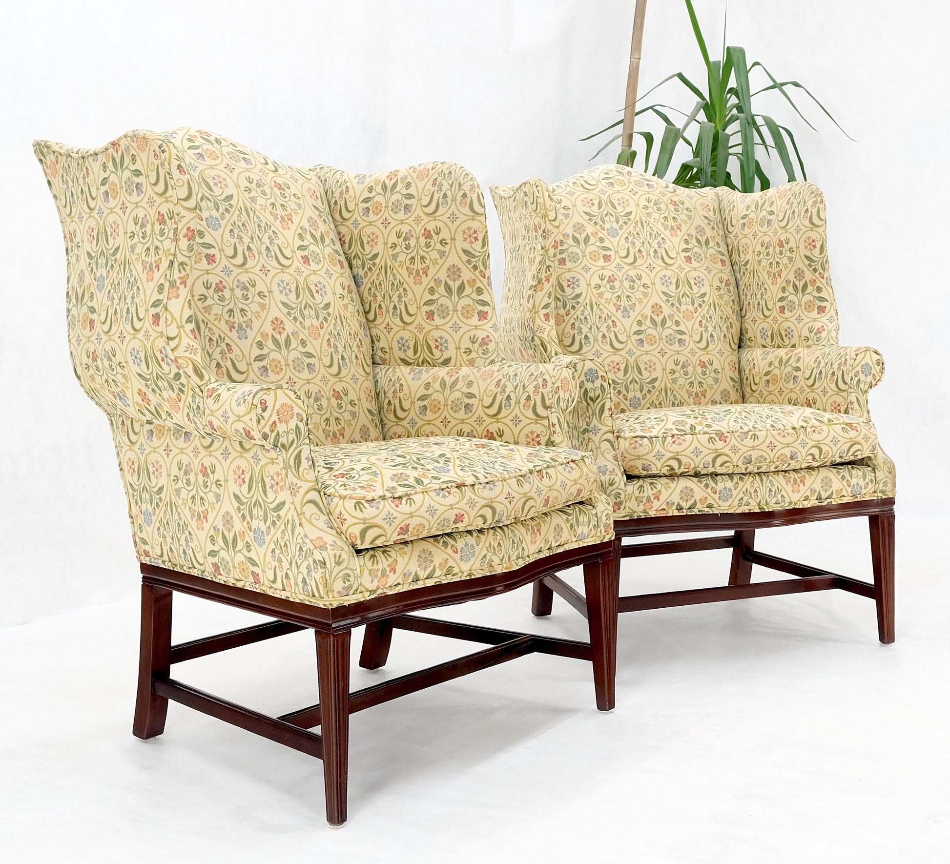 EstablishedLines Pair of Deep Profile Antique Wing Arm Chairs Mahogany Legs Federal Style