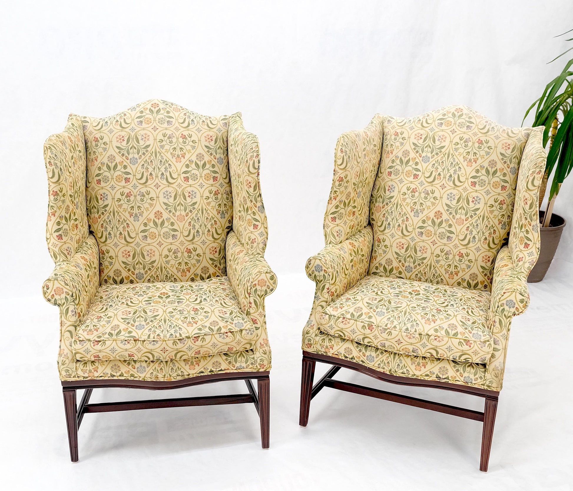 EstablishedLines Pair of Deep Profile Antique Wing Arm Chairs Mahogany Legs Federal Style