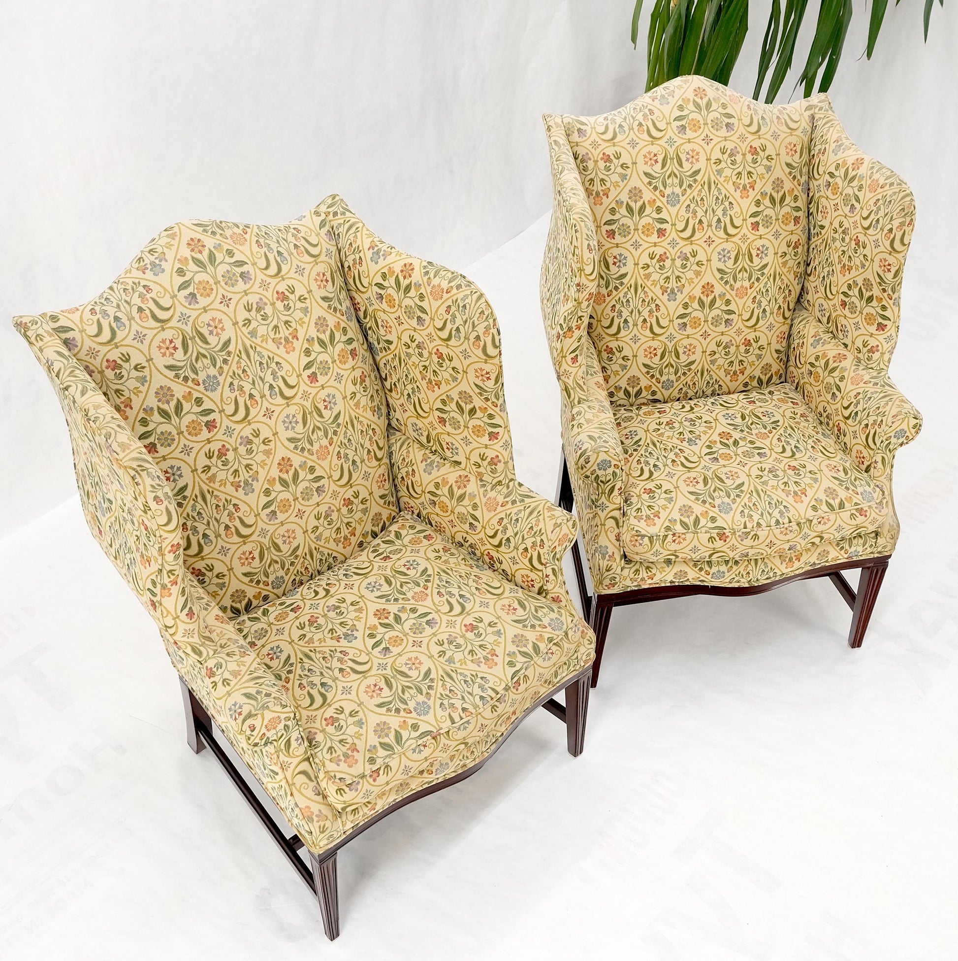 EstablishedLines Pair of Deep Profile Antique Wing Arm Chairs Mahogany Legs Federal Style