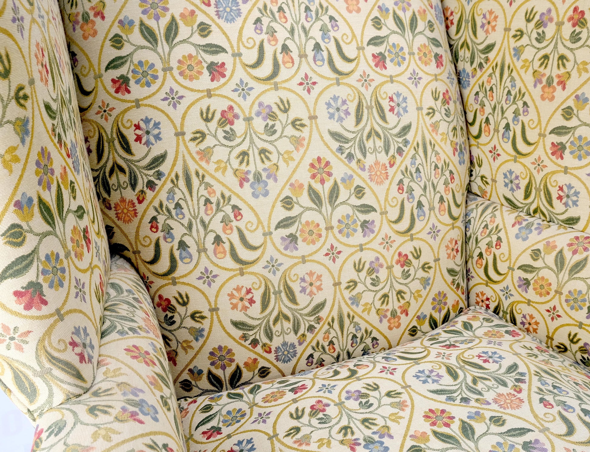 EstablishedLines Pair of Deep Profile Antique Wing Arm Chairs Mahogany Legs Federal Style