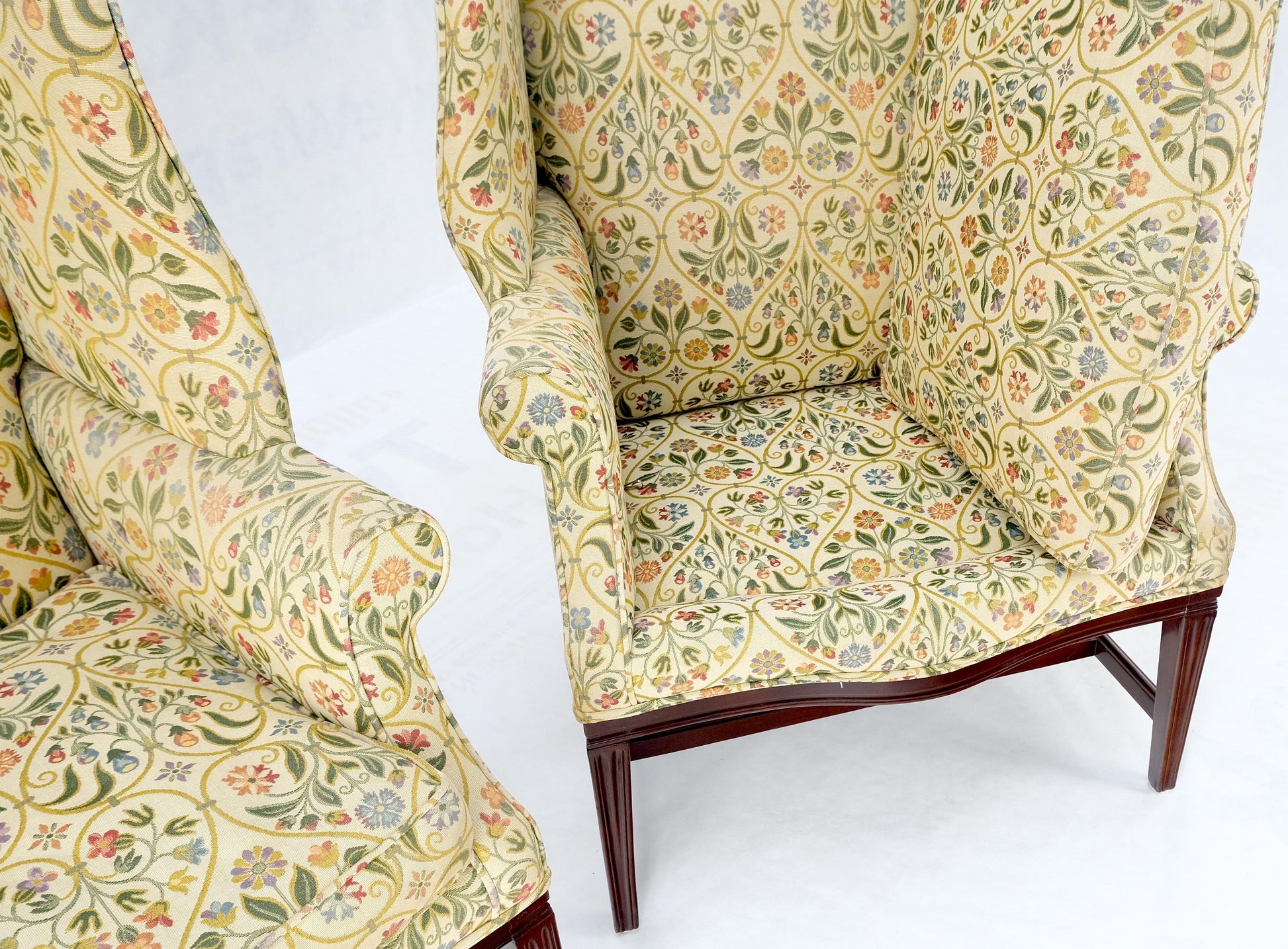 EstablishedLines Pair of Deep Profile Antique Wing Arm Chairs Mahogany Legs Federal Style