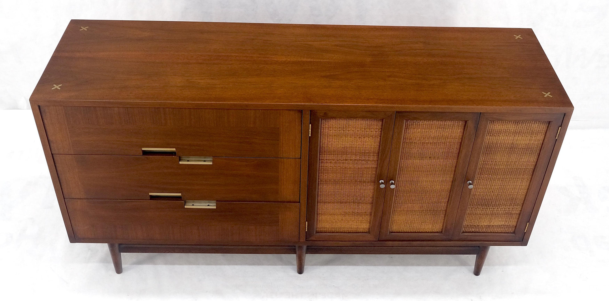 EstablishedLines Mid Century Modern Light Walnut Cane Doors 6 Drawers Compact Dresser MINT!