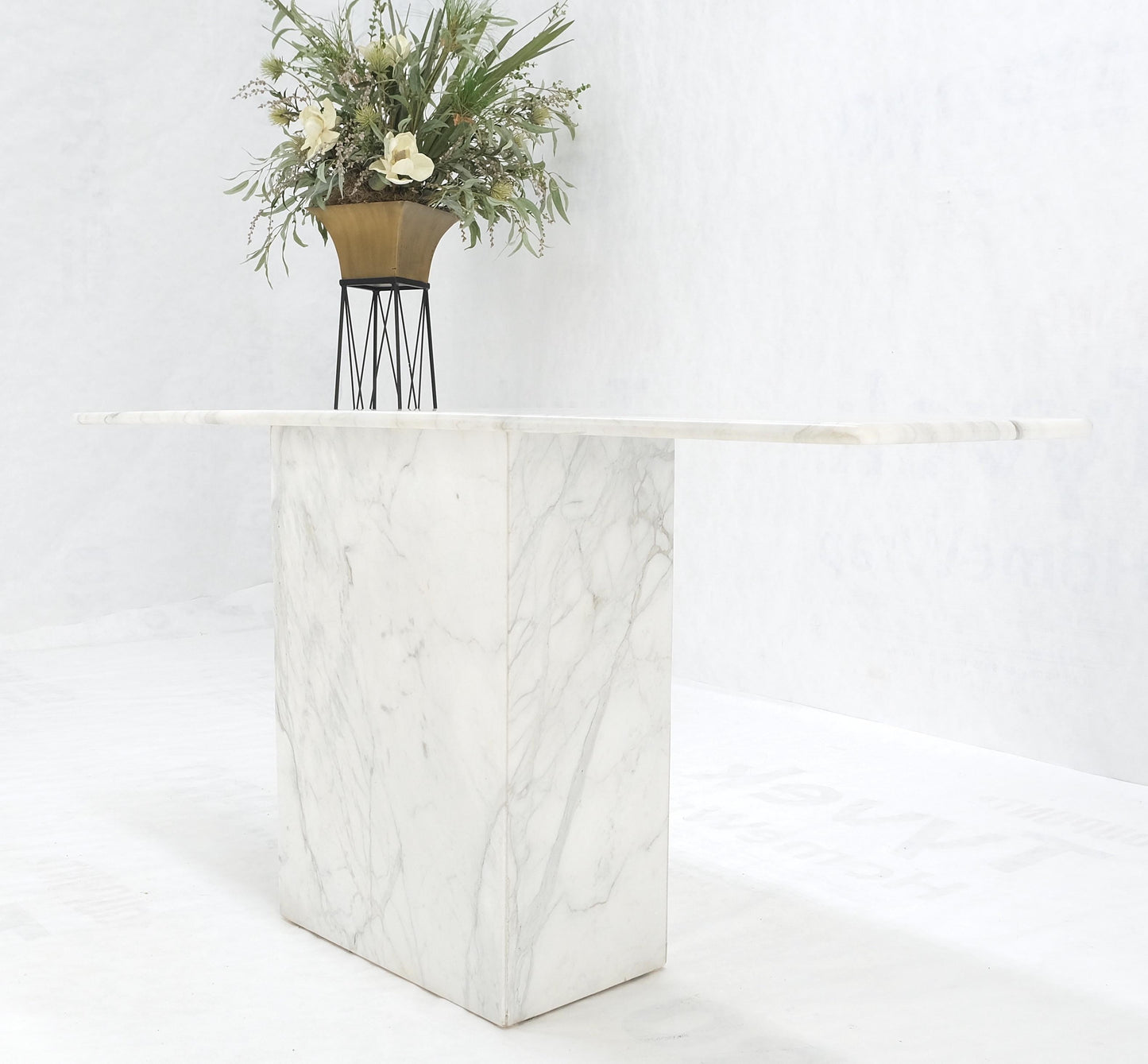 EstablishedLines White Carrara Marble Boat Shape Top Pedestal Base Console Table Italian Modern