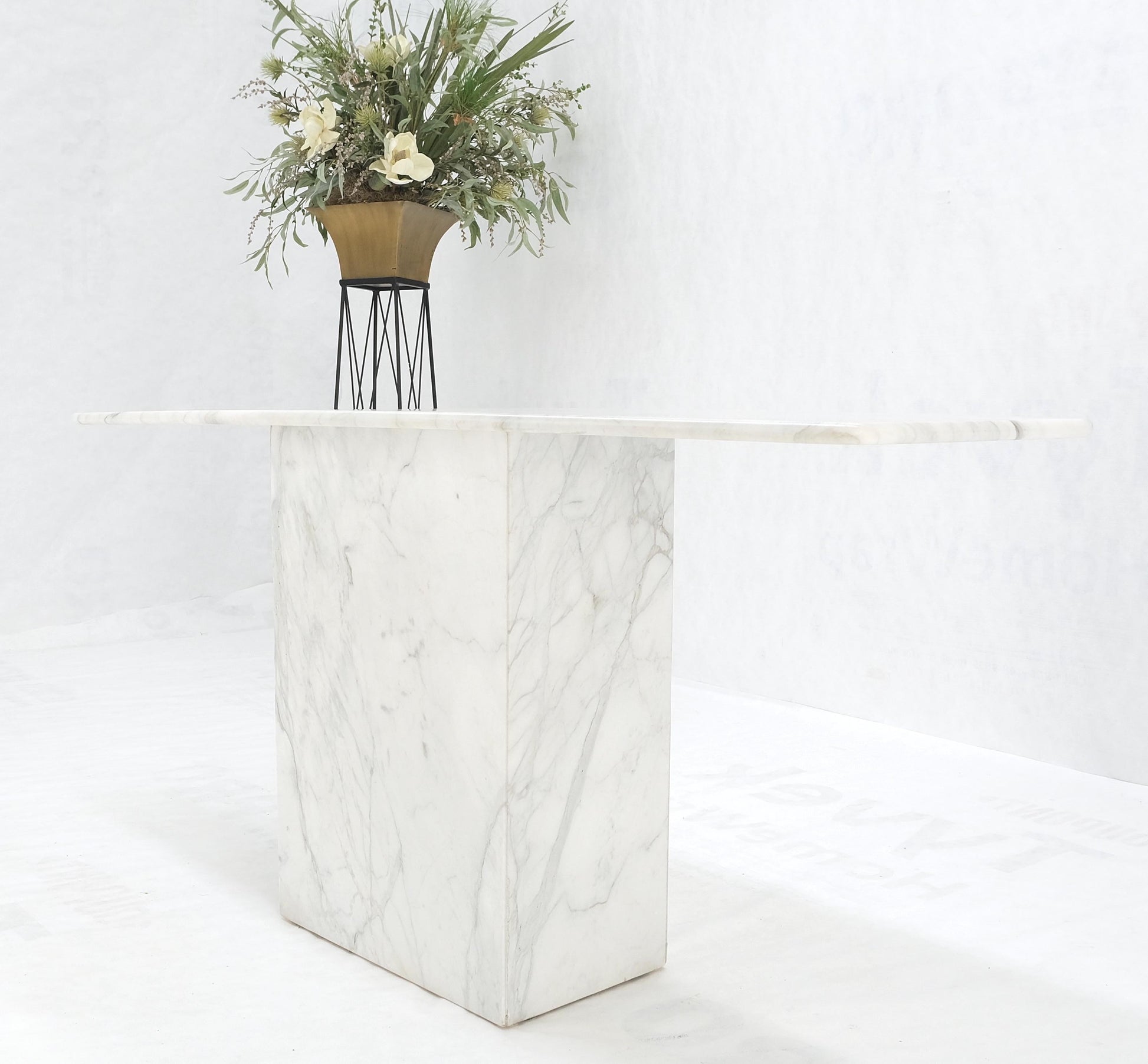 EstablishedLines White Carrara Marble Boat Shape Top Pedestal Base Console Table Italian Modern