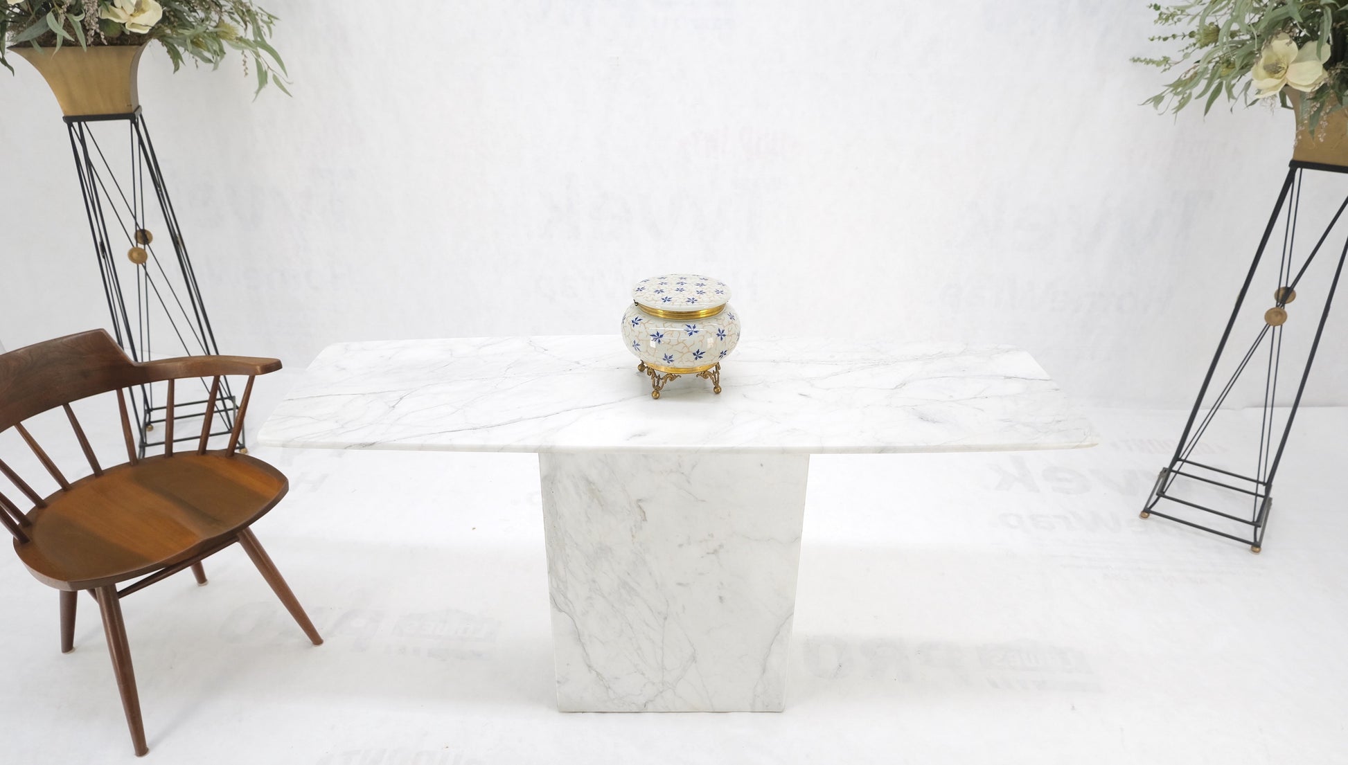 EstablishedLines White Carrara Marble Boat Shape Top Pedestal Base Console Table Italian Modern