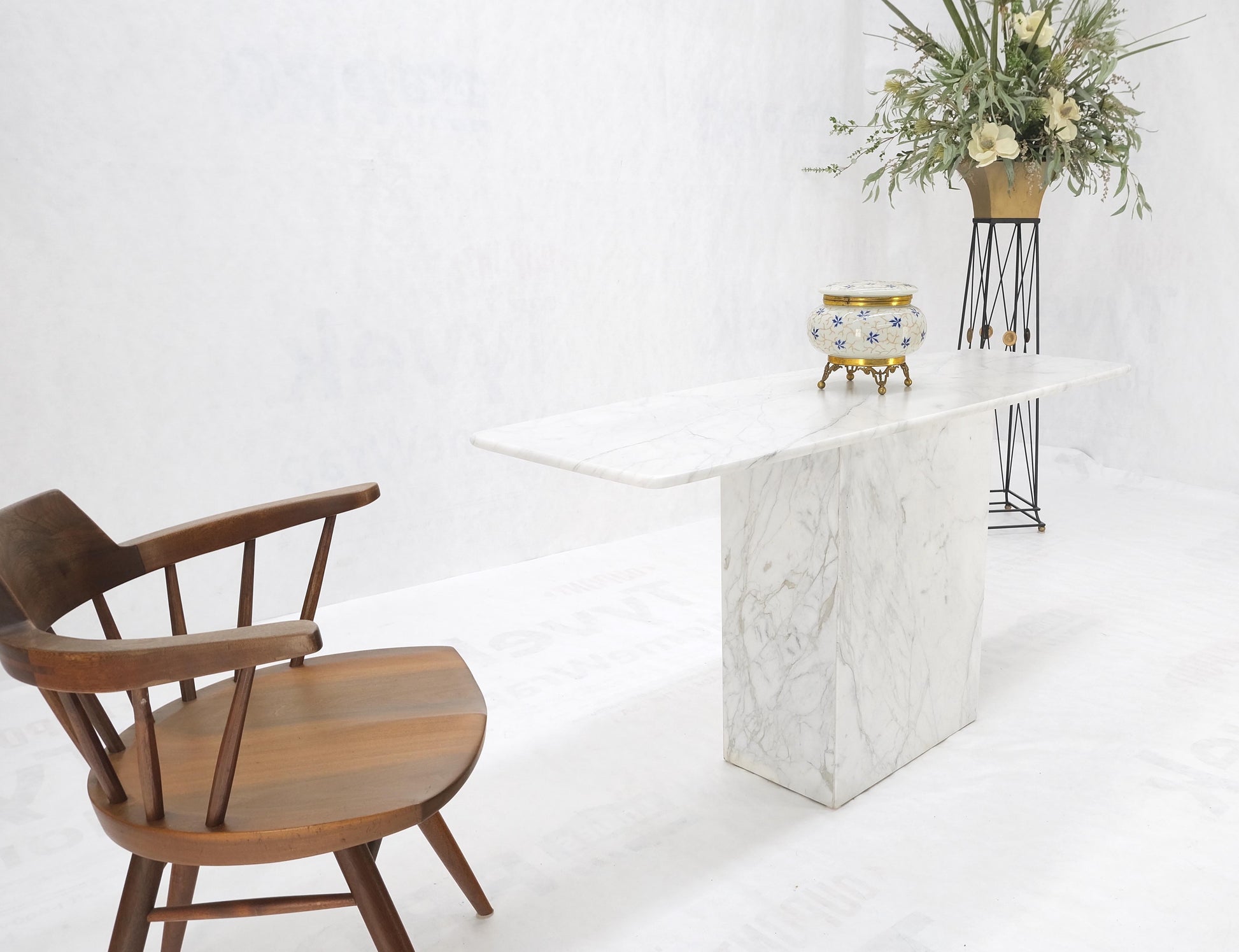 EstablishedLines White Carrara Marble Boat Shape Top Pedestal Base Console Table Italian Modern