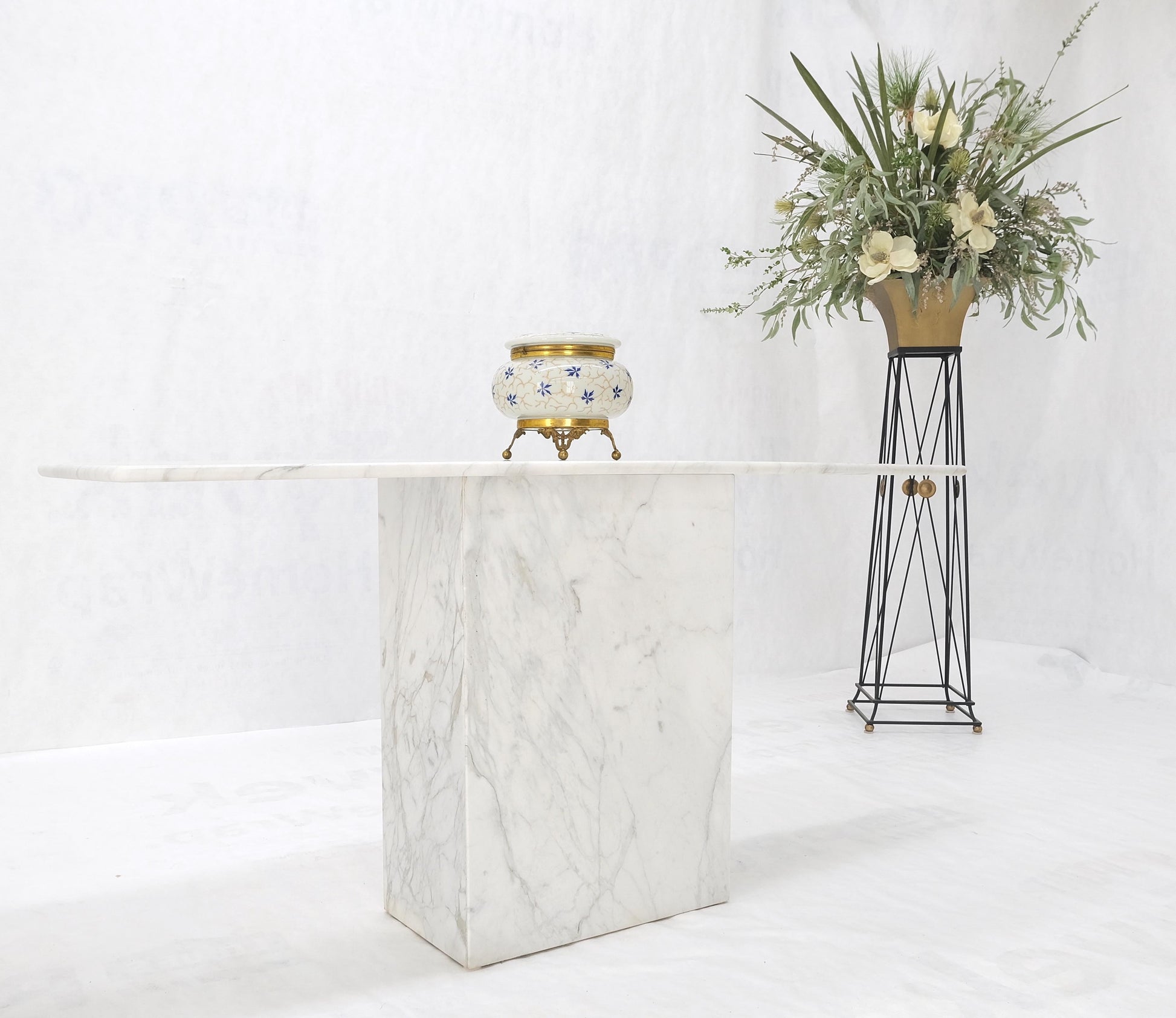EstablishedLines White Carrara Marble Boat Shape Top Pedestal Base Console Table Italian Modern