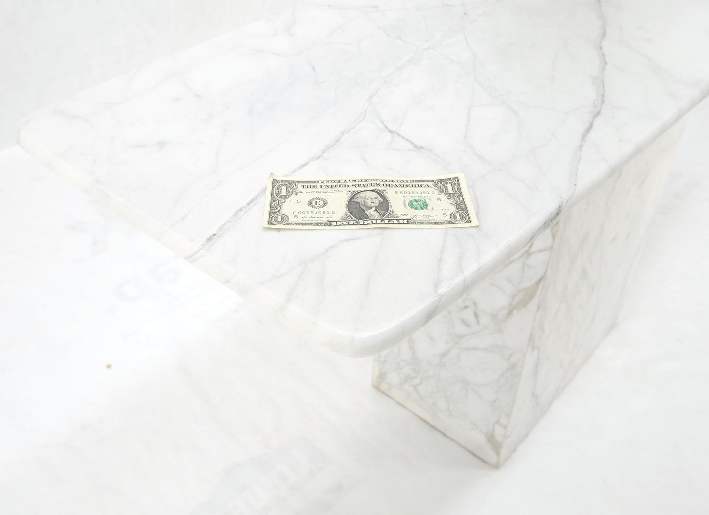 EstablishedLines White Carrara Marble Boat Shape Top Pedestal Base Console Table Italian Modern