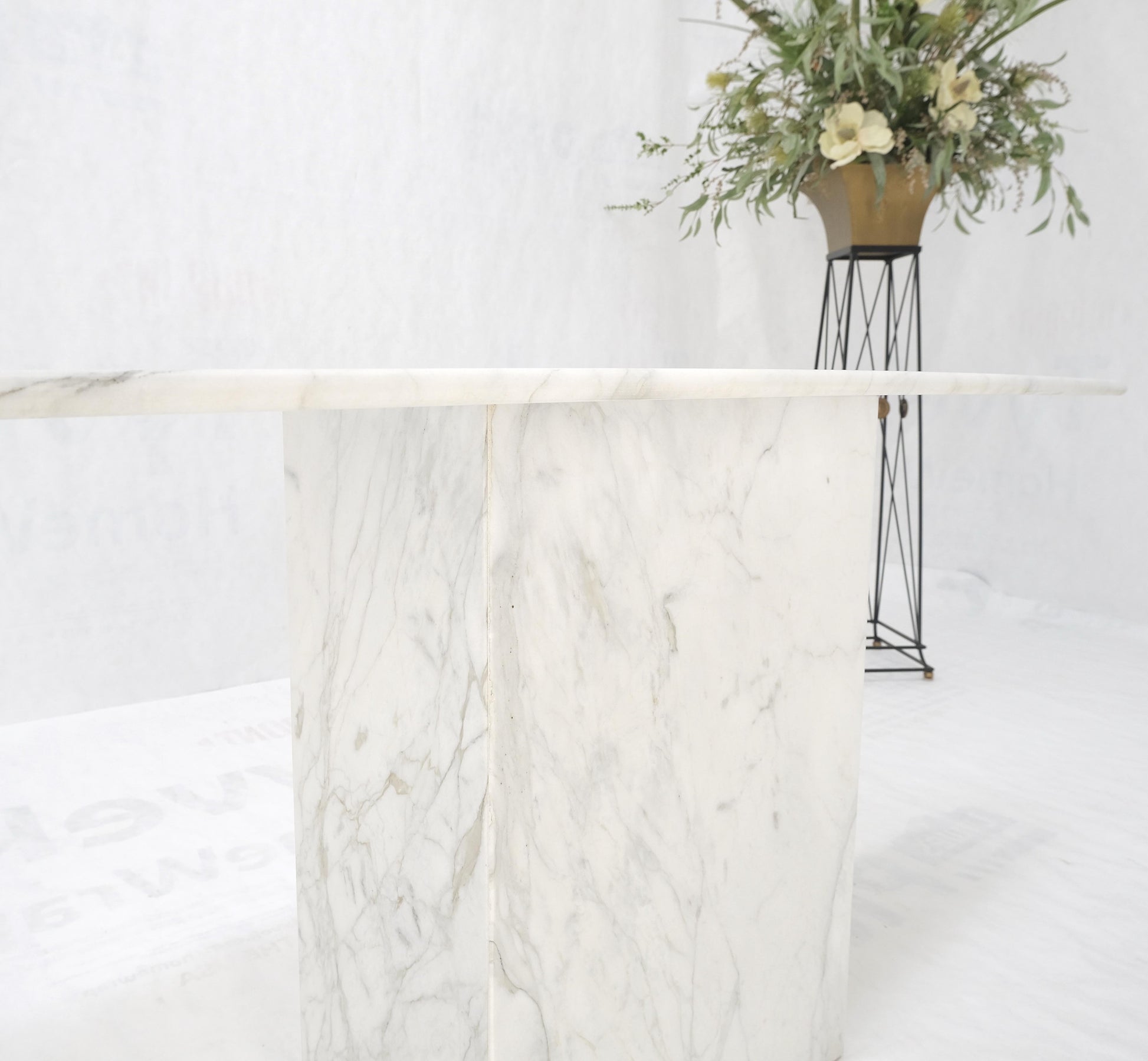 EstablishedLines White Carrara Marble Boat Shape Top Pedestal Base Console Table Italian Modern