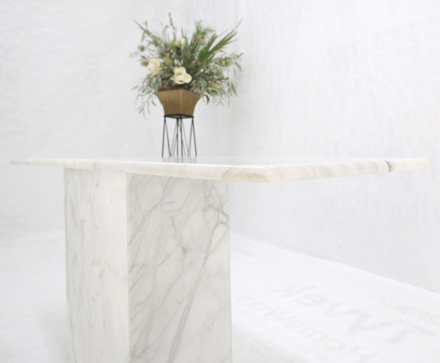 EstablishedLines White Carrara Marble Boat Shape Top Pedestal Base Console Table Italian Modern