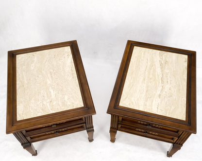 EstablishedLines Pair Vintage Travertine Tops Cherry or Walnut Two Drawers End Tables Nightstands