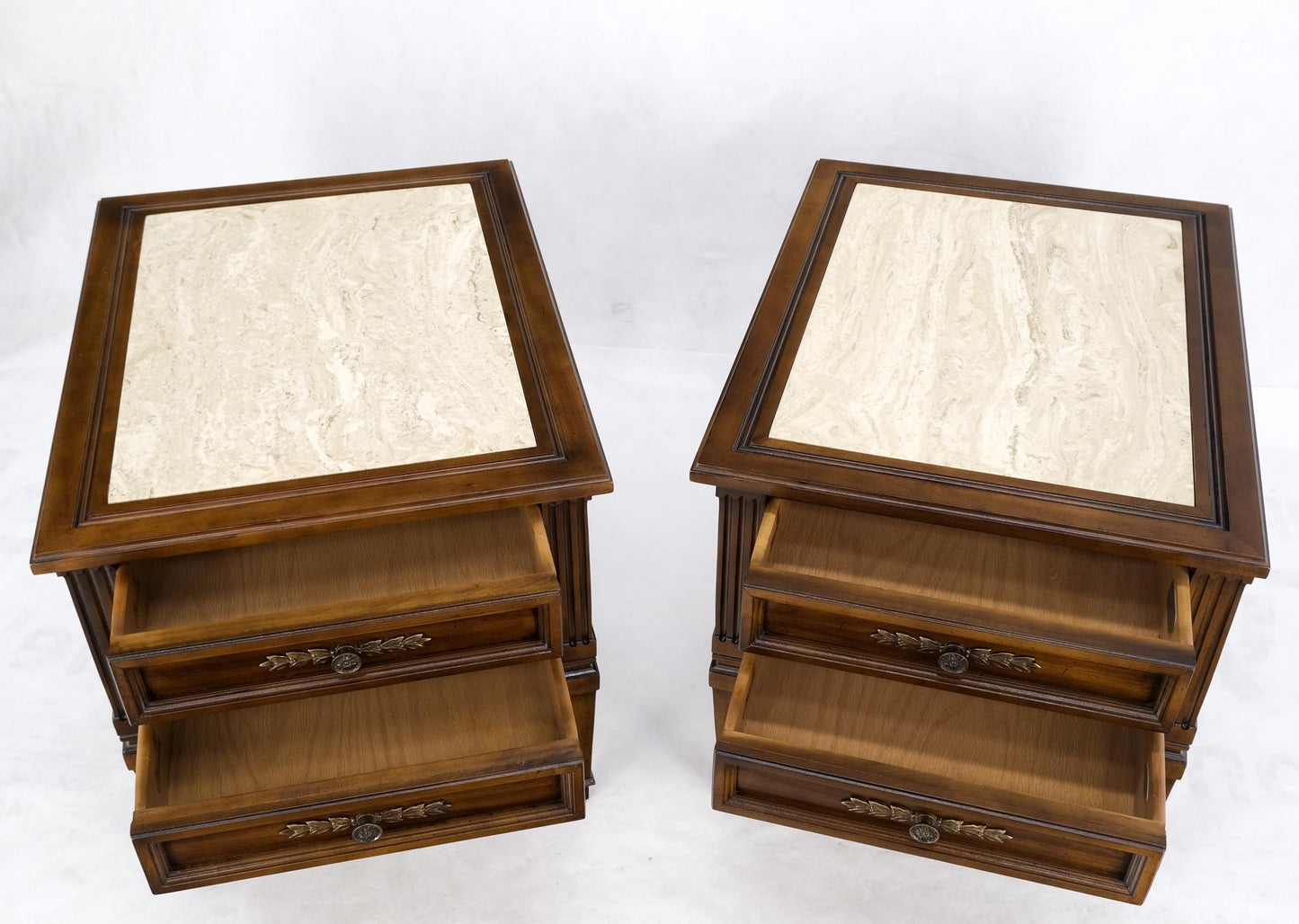 EstablishedLines Pair Vintage Travertine Tops Cherry or Walnut Two Drawers End Tables Nightstands