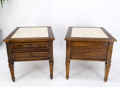 EstablishedLines Pair Vintage Travertine Tops Cherry or Walnut Two Drawers End Tables Nightstands