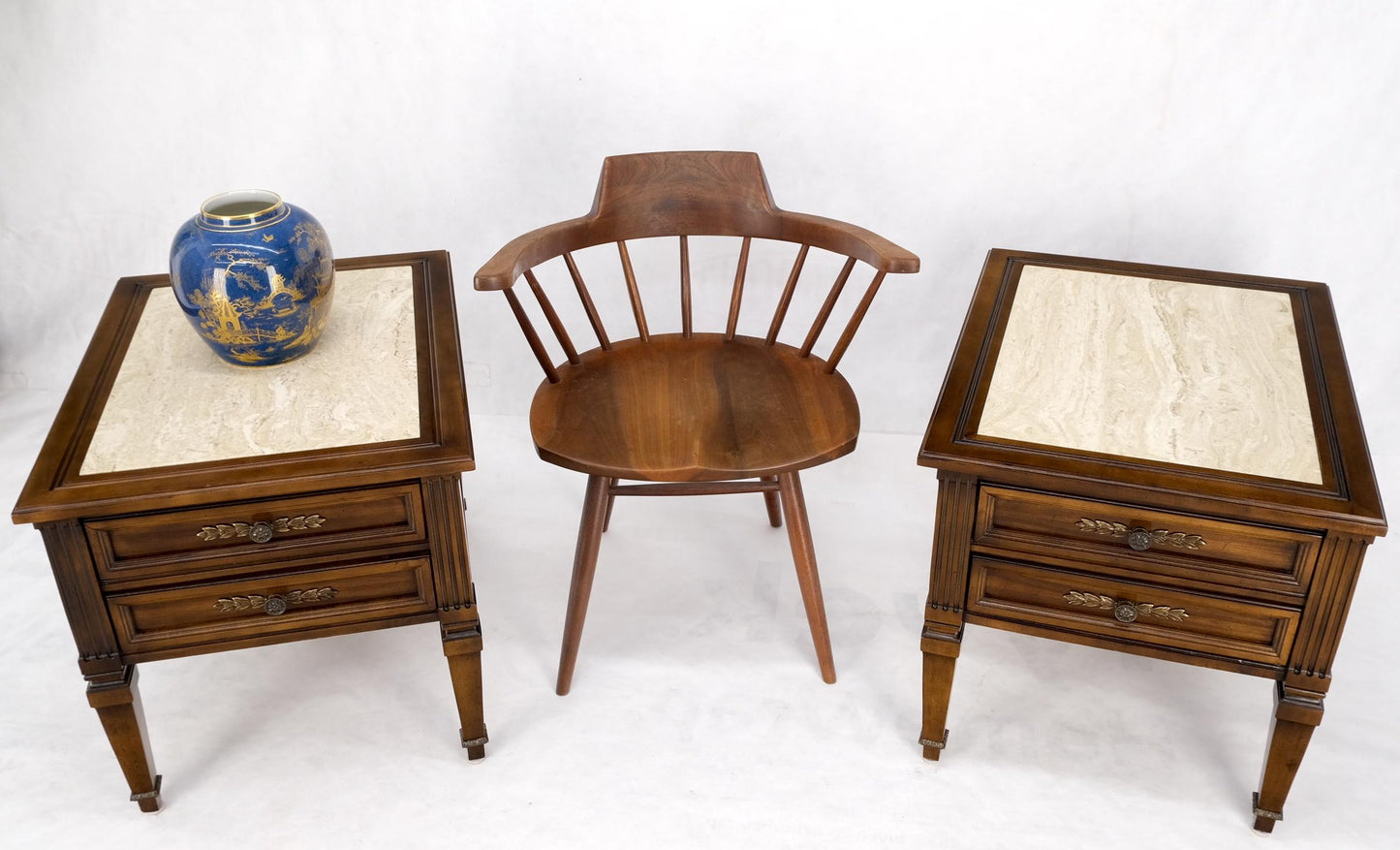 EstablishedLines Pair Vintage Travertine Tops Cherry or Walnut Two Drawers End Tables Nightstands