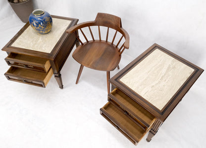 EstablishedLines Pair Vintage Travertine Tops Cherry or Walnut Two Drawers End Tables Nightstands