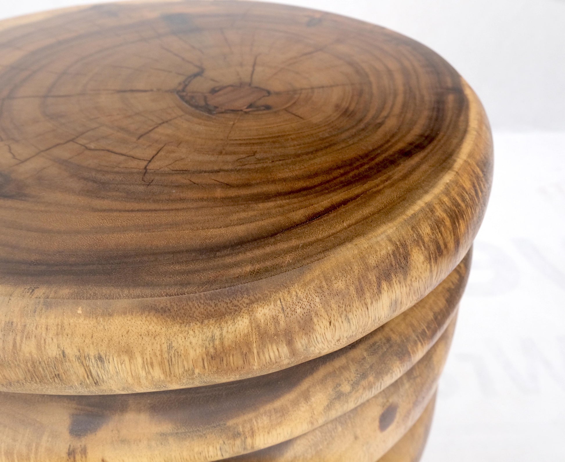 EstablishedLines Pair Solid Carved Wood Cylinder Shape Bases Glass Top End Side Tables Stands