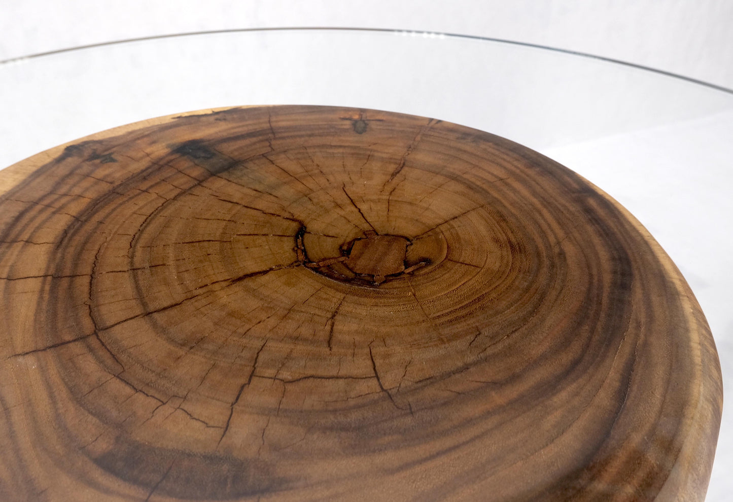 EstablishedLines Pair Solid Carved Wood Cylinder Shape Bases Glass Top End Side Tables Stands
