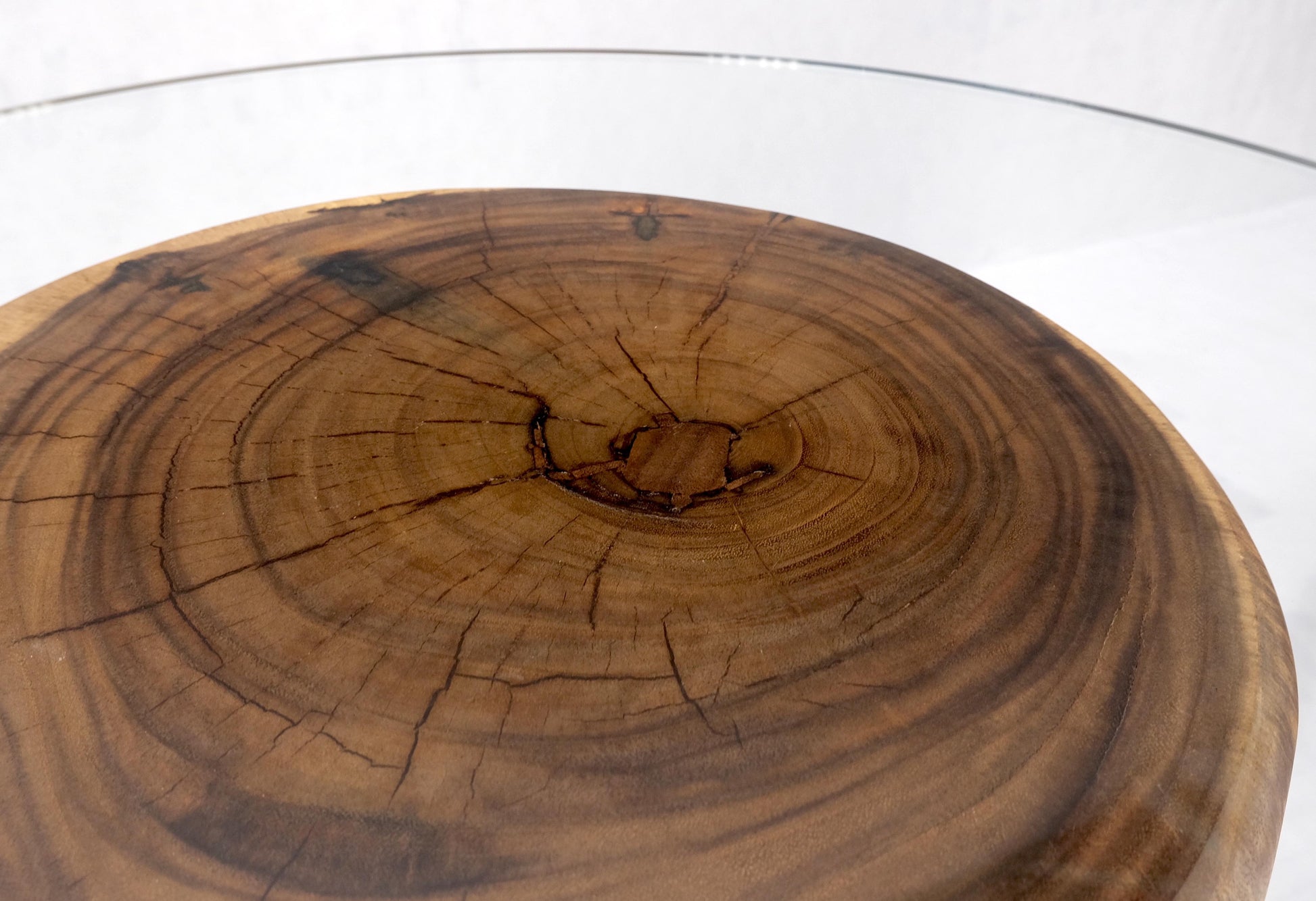 EstablishedLines Pair Solid Carved Wood Cylinder Shape Bases Glass Top End Side Tables Stands