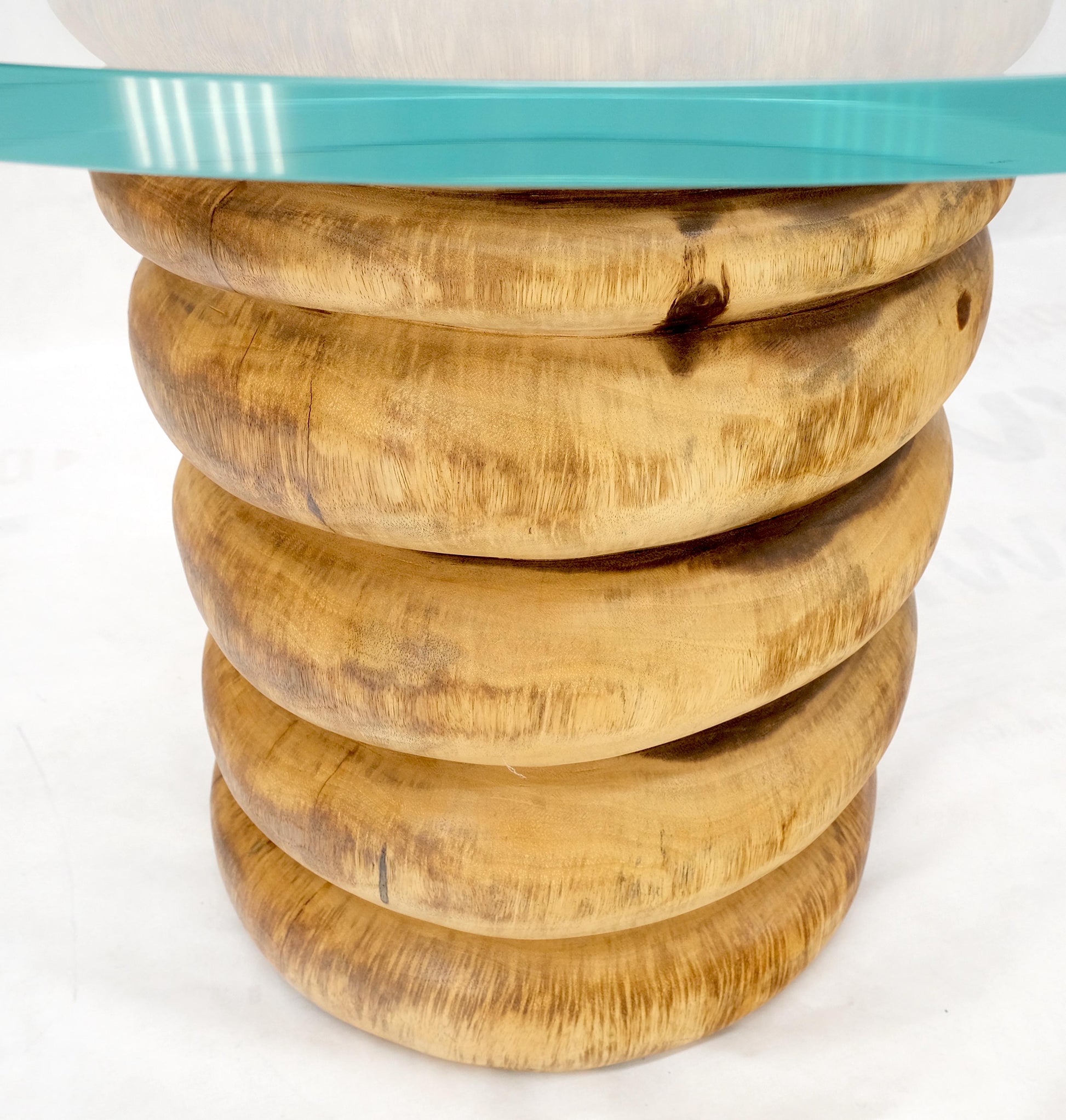 EstablishedLines Pair Solid Carved Wood Cylinder Shape Bases Glass Top End Side Tables Stands