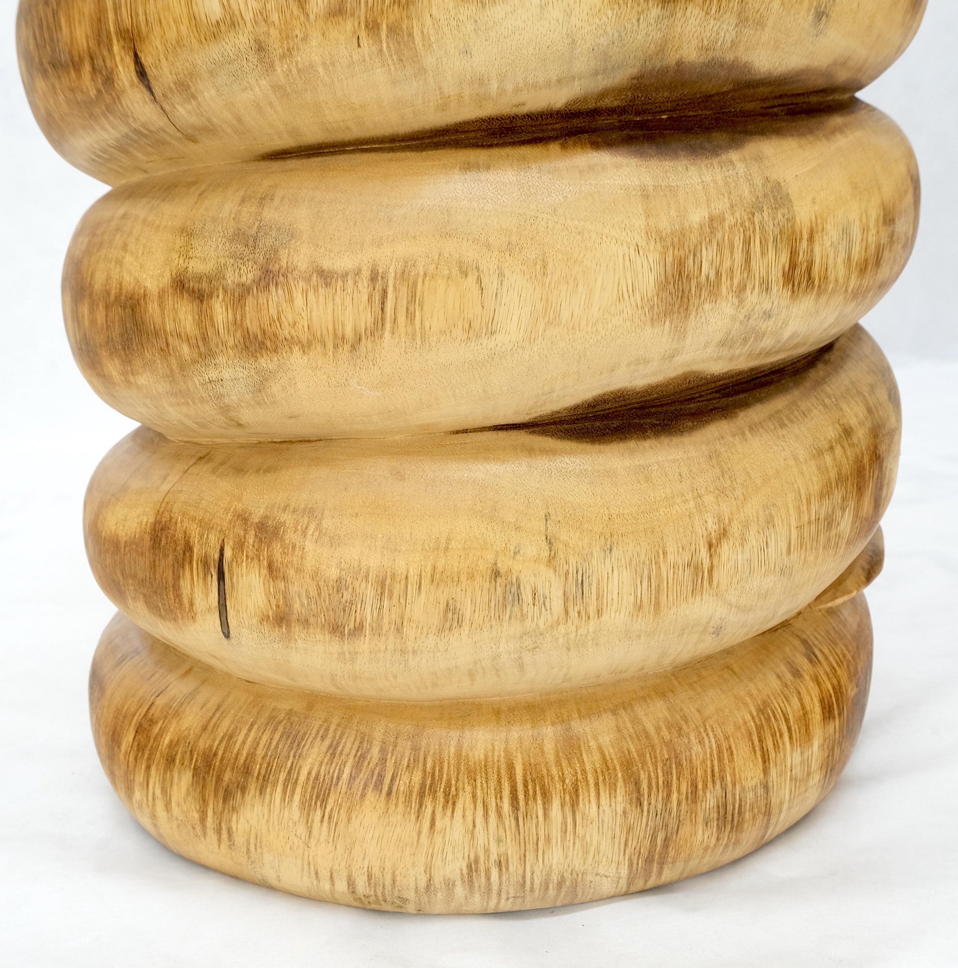EstablishedLines Pair Solid Carved Wood Cylinder Shape Bases Glass Top End Side Tables Stands