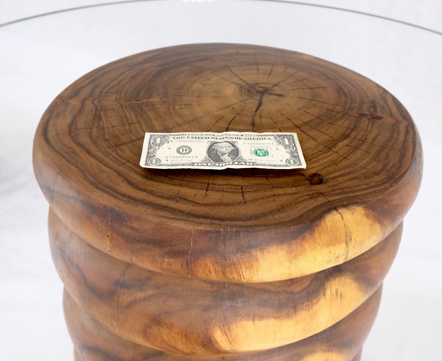 EstablishedLines Pair Solid Carved Wood Cylinder Shape Bases Glass Top End Side Tables Stands