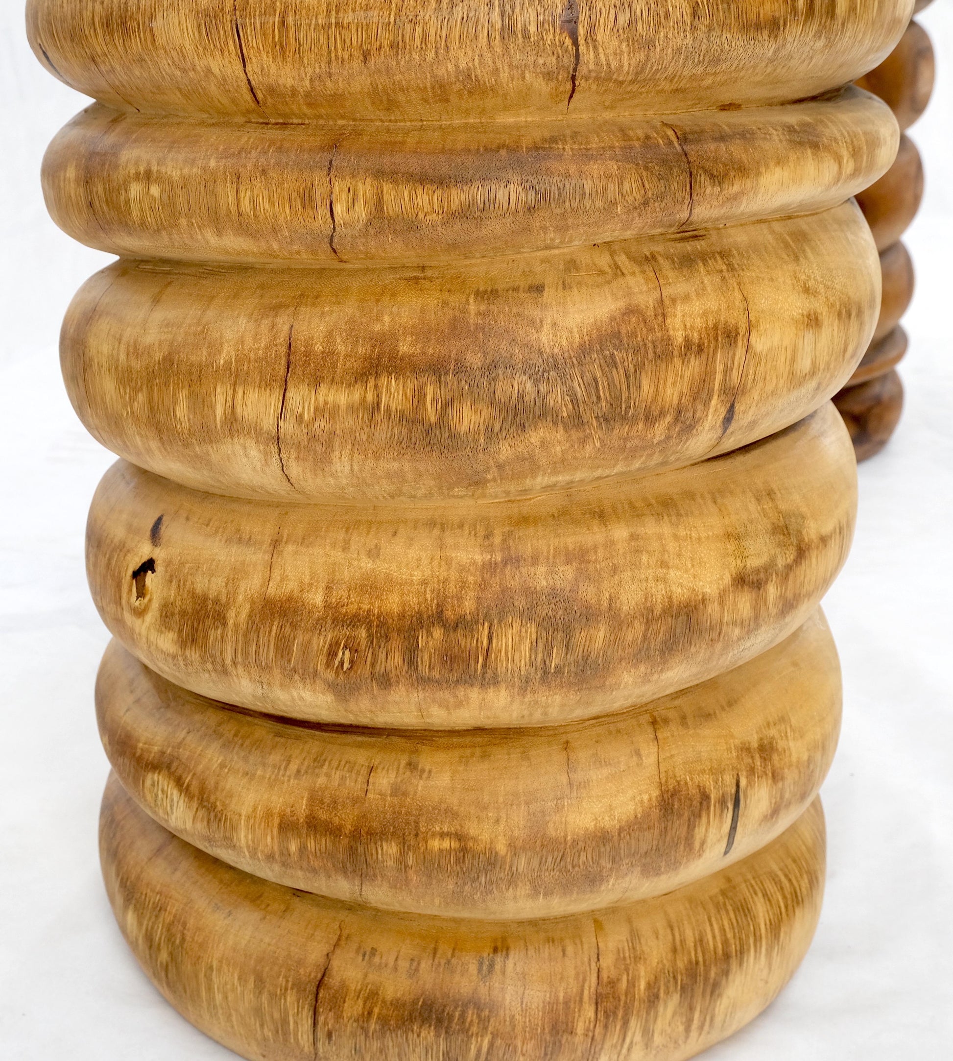 EstablishedLines Pair Solid Carved Wood Cylinder Shape Bases Glass Top End Side Tables Stands