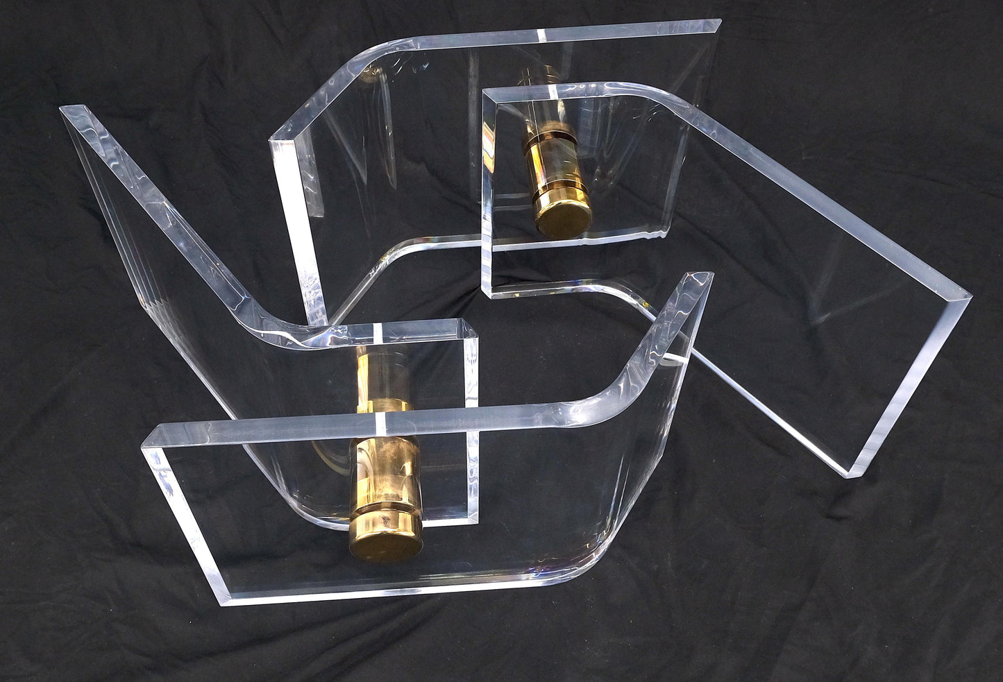 EstablishedLines Thick Bent Polished Lucite Gold Buttons Base Glass Top Mid Century Coffee Table