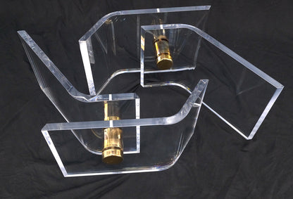EstablishedLines Thick Bent Polished Lucite Gold Buttons Base Glass Top Mid Century Coffee Table