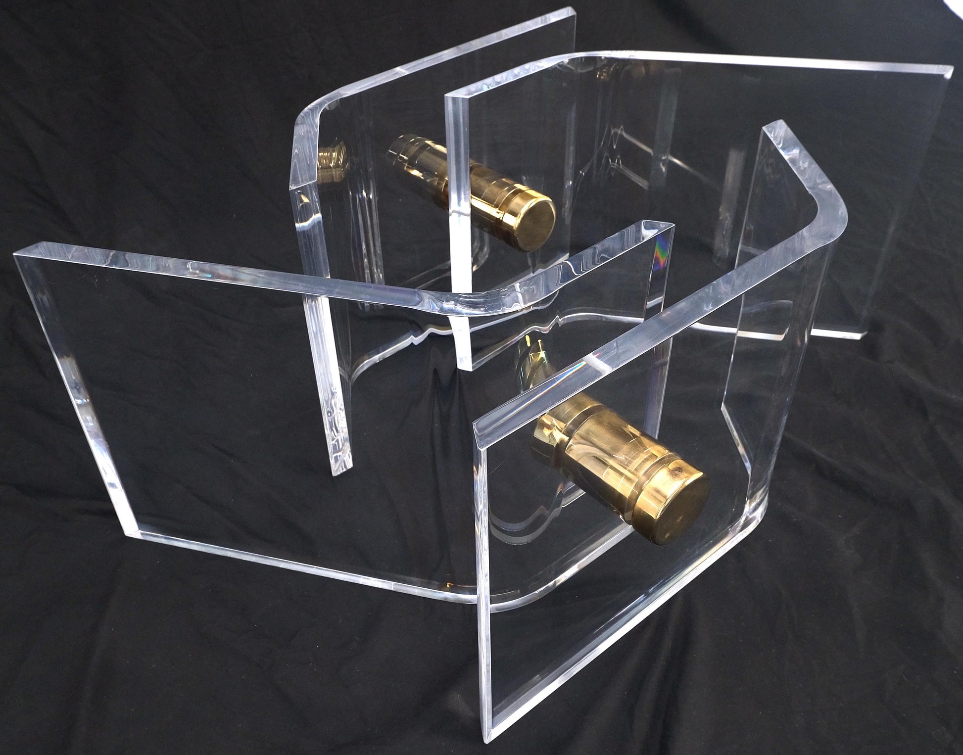 EstablishedLines Thick Bent Polished Lucite Gold Buttons Base Glass Top Mid Century Coffee Table