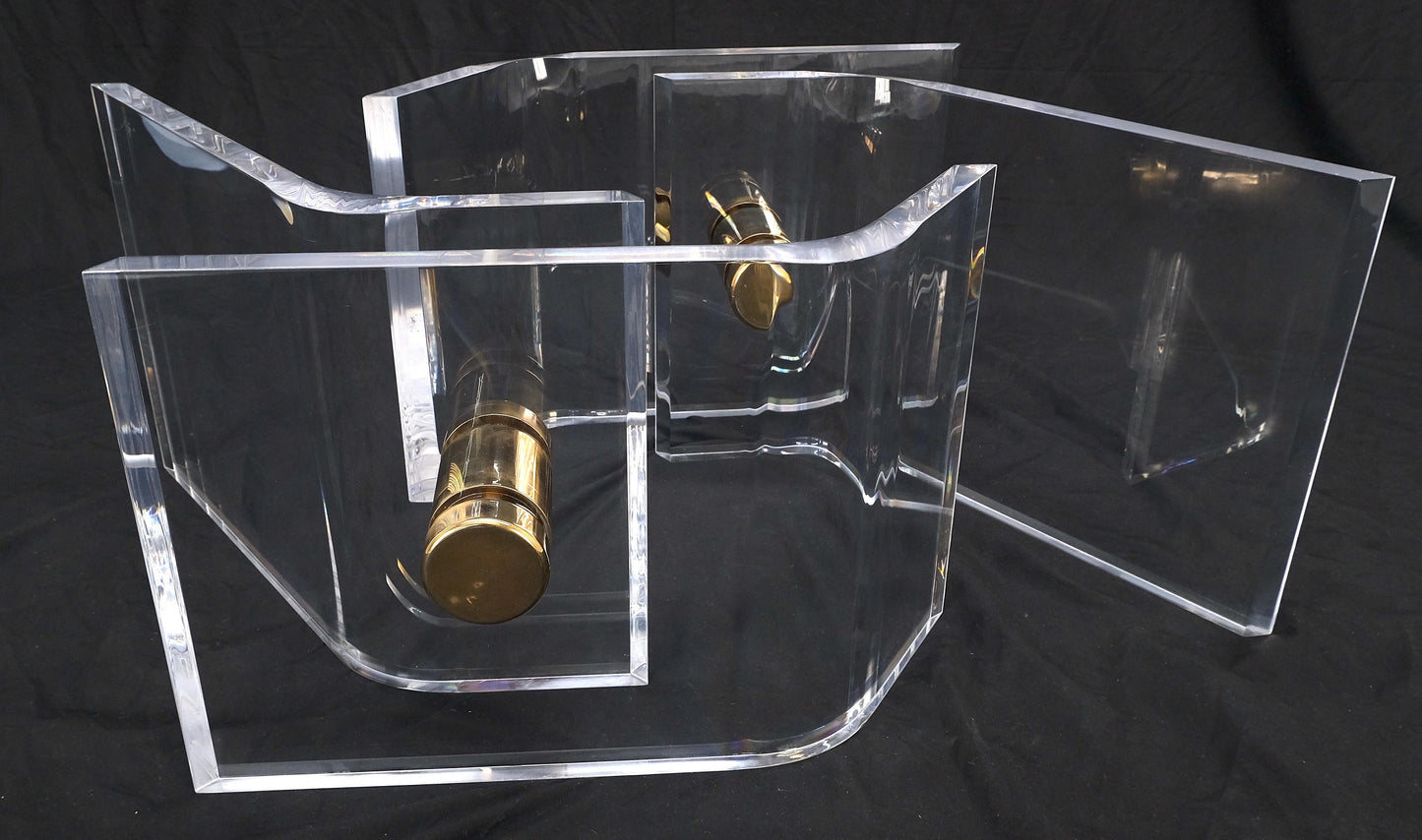 EstablishedLines Thick Bent Polished Lucite Gold Buttons Base Glass Top Mid Century Coffee Table