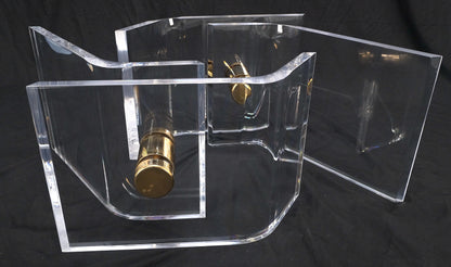 EstablishedLines Thick Bent Polished Lucite Gold Buttons Base Glass Top Mid Century Coffee Table