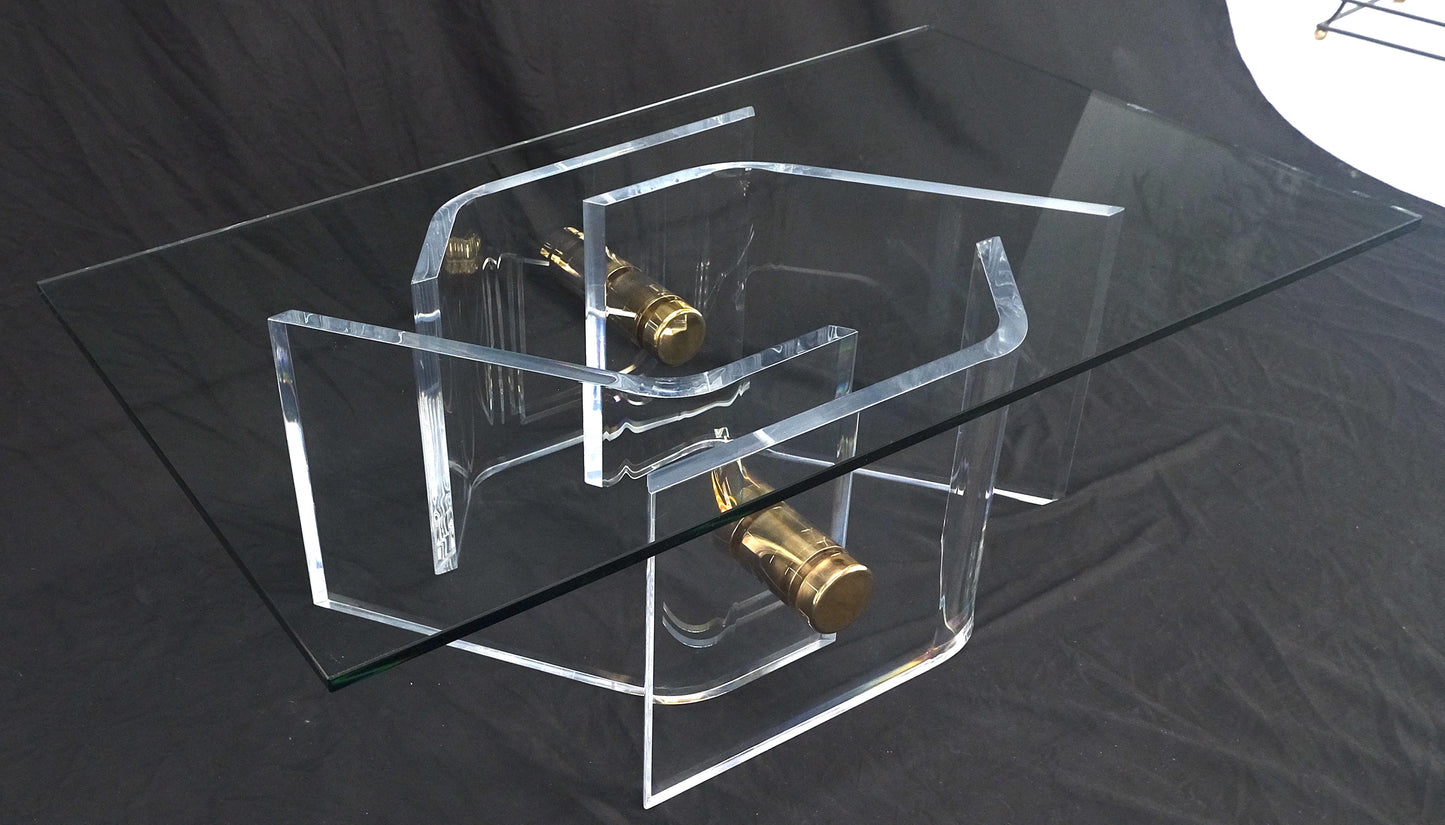 EstablishedLines Thick Bent Polished Lucite Gold Buttons Base Glass Top Mid Century Coffee Table
