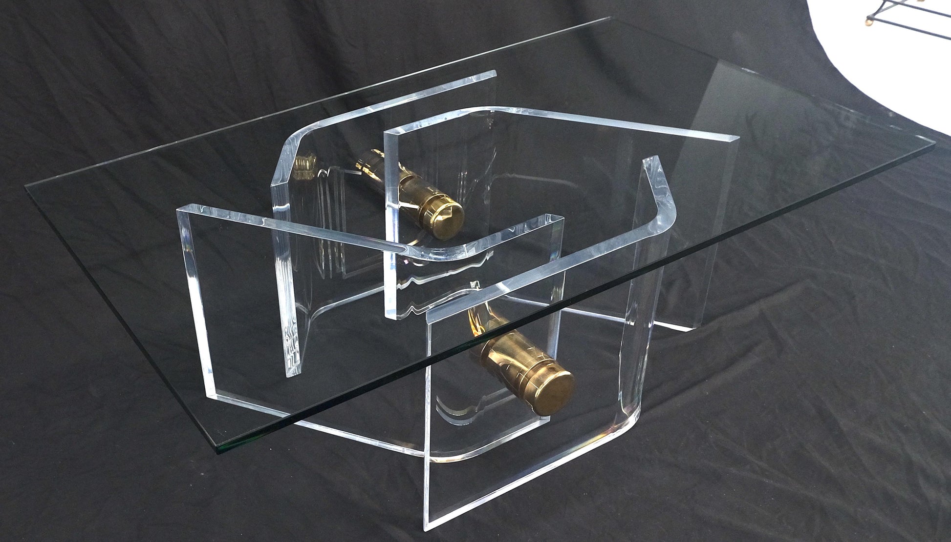 EstablishedLines Thick Bent Polished Lucite Gold Buttons Base Glass Top Mid Century Coffee Table