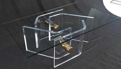 EstablishedLines Thick Bent Polished Lucite Gold Buttons Base Glass Top Mid Century Coffee Table