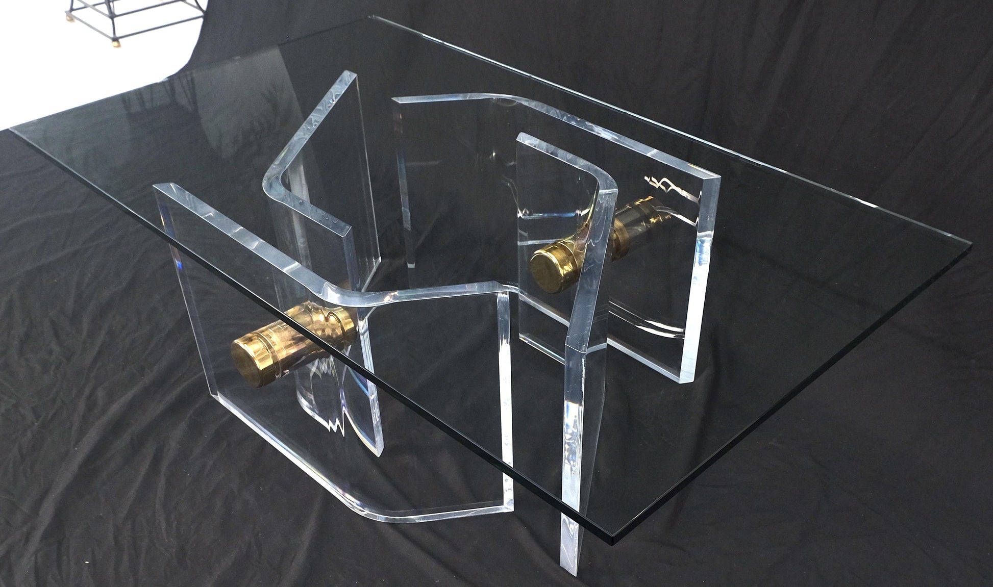 EstablishedLines Thick Bent Polished Lucite Gold Buttons Base Glass Top Mid Century Coffee Table