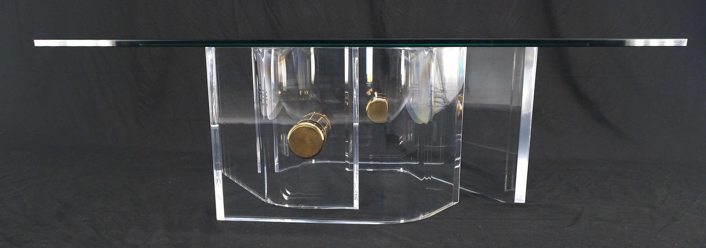 EstablishedLines Thick Bent Polished Lucite Gold Buttons Base Glass Top Mid Century Coffee Table