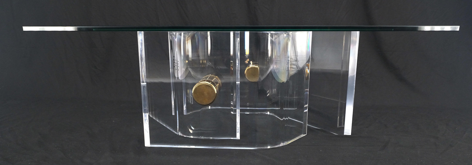 EstablishedLines Thick Bent Polished Lucite Gold Buttons Base Glass Top Mid Century Coffee Table