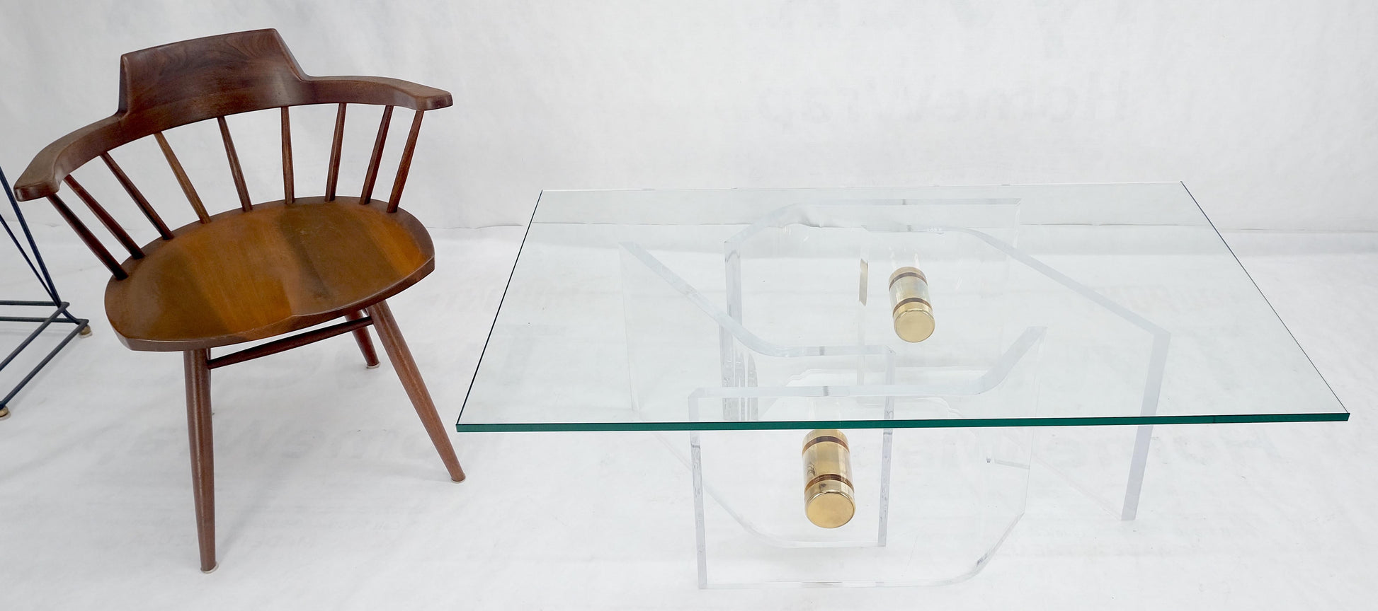 EstablishedLines Thick Bent Polished Lucite Gold Buttons Base Glass Top Mid Century Coffee Table